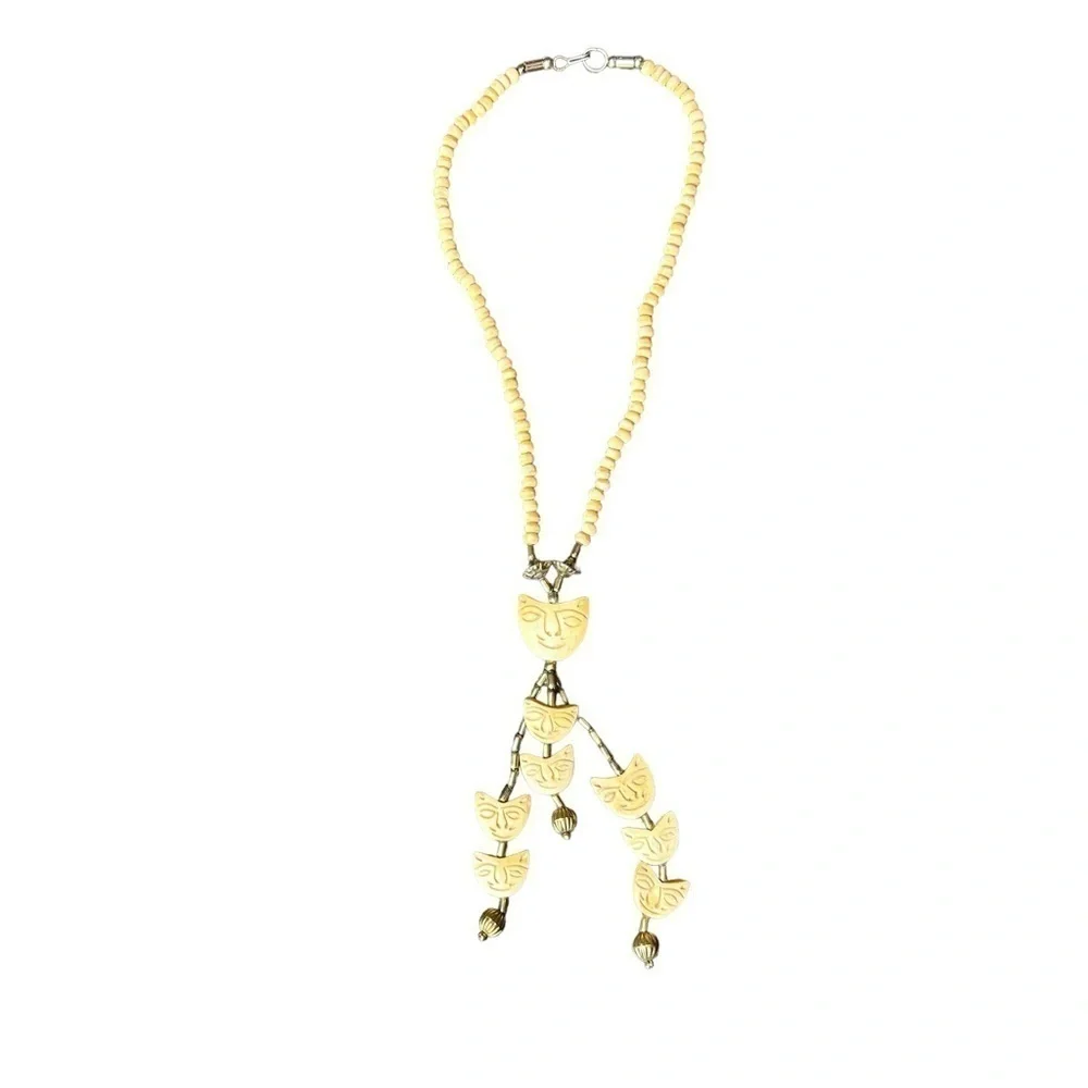 Carved and Beaded Bone Metal Multiple Strand Cat Face Hook and Loop Necklace